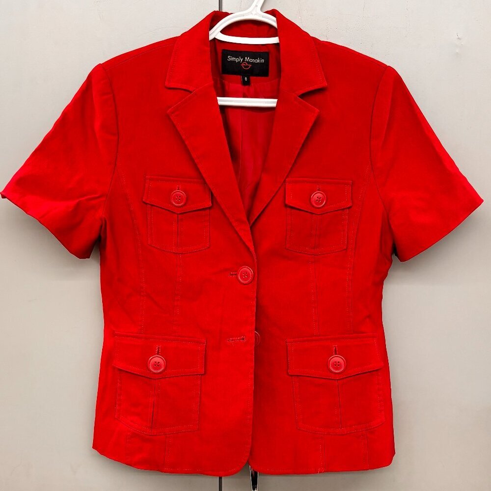 Simply Manakin Red Button Down Pocket Details Lined Short Sleeve Blazer Sz 8